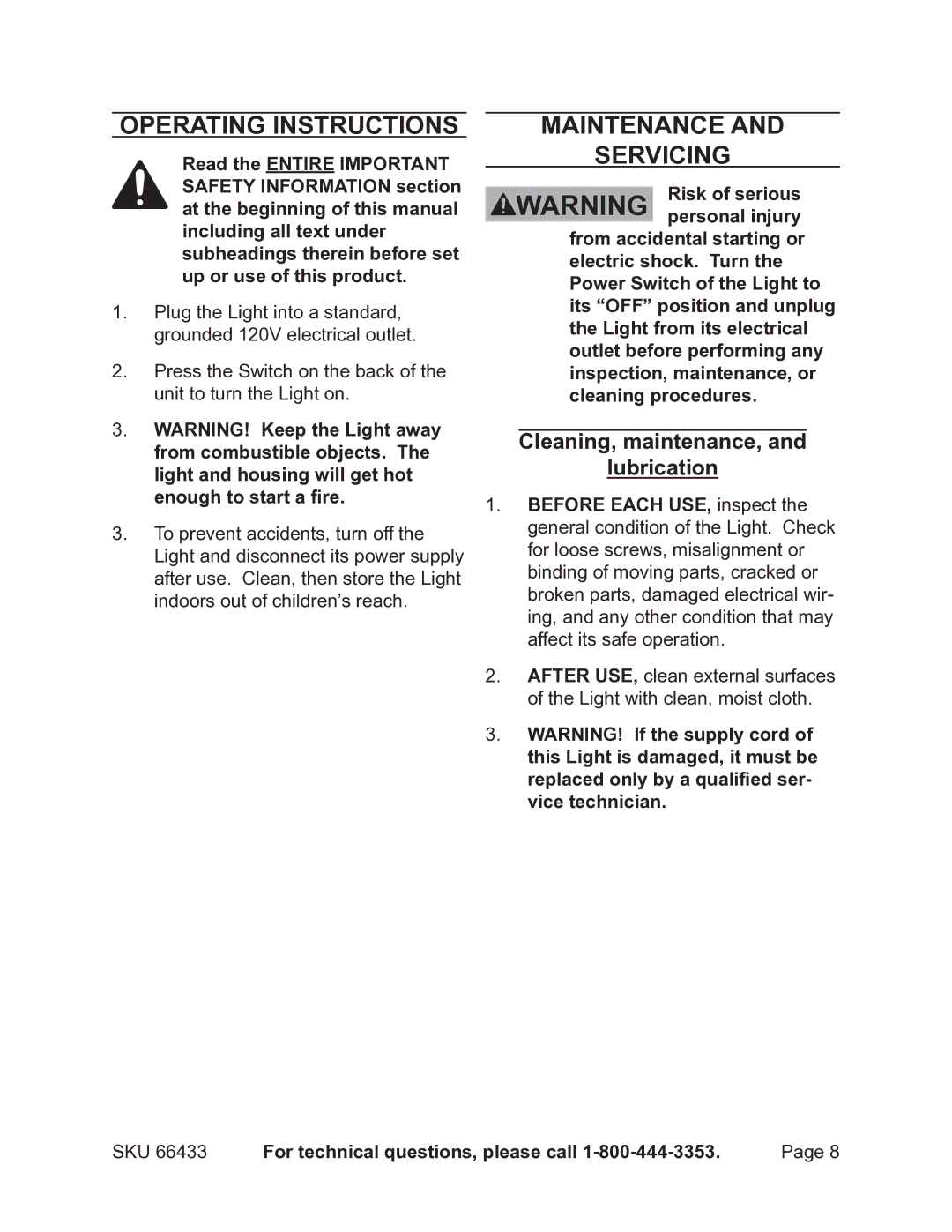 Chicago Electric 66433 Operating Instructions, Maintenance Servicing, Cleaning, maintenance, Lubrication 