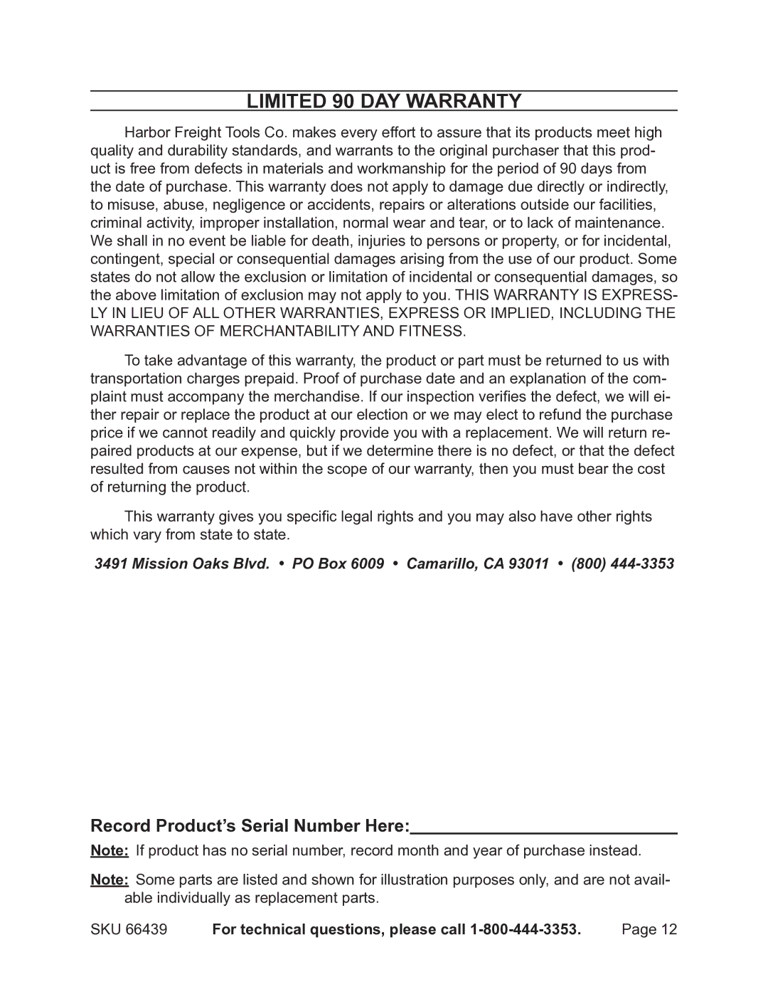 Chicago Electric 66439 operating instructions Limited 90 DAY Warranty, Record Product’s Serial Number Here 