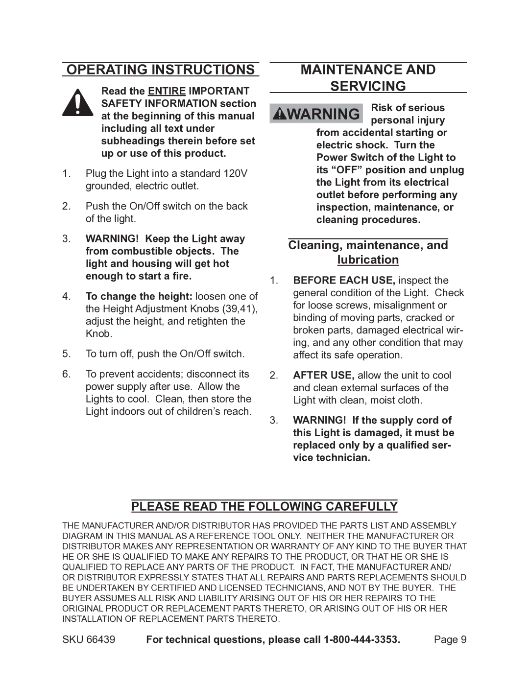 Chicago Electric 66439 Operating Instructions, Maintenance Servicing, Cleaning, maintenance, Lubrication 