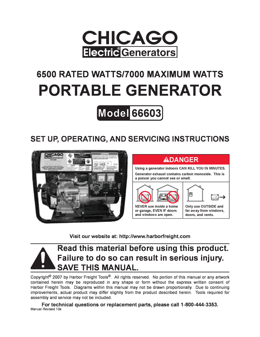 Chicago Electric 66603 manual For technical questions or replacement parts, please call, portable GENERATOR, Danger 