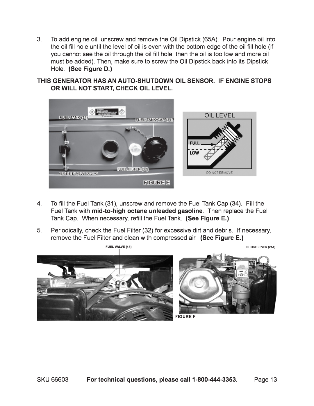 Chicago Electric 66603 manual For technical questions, please call, Figure F, Fuel Valve 