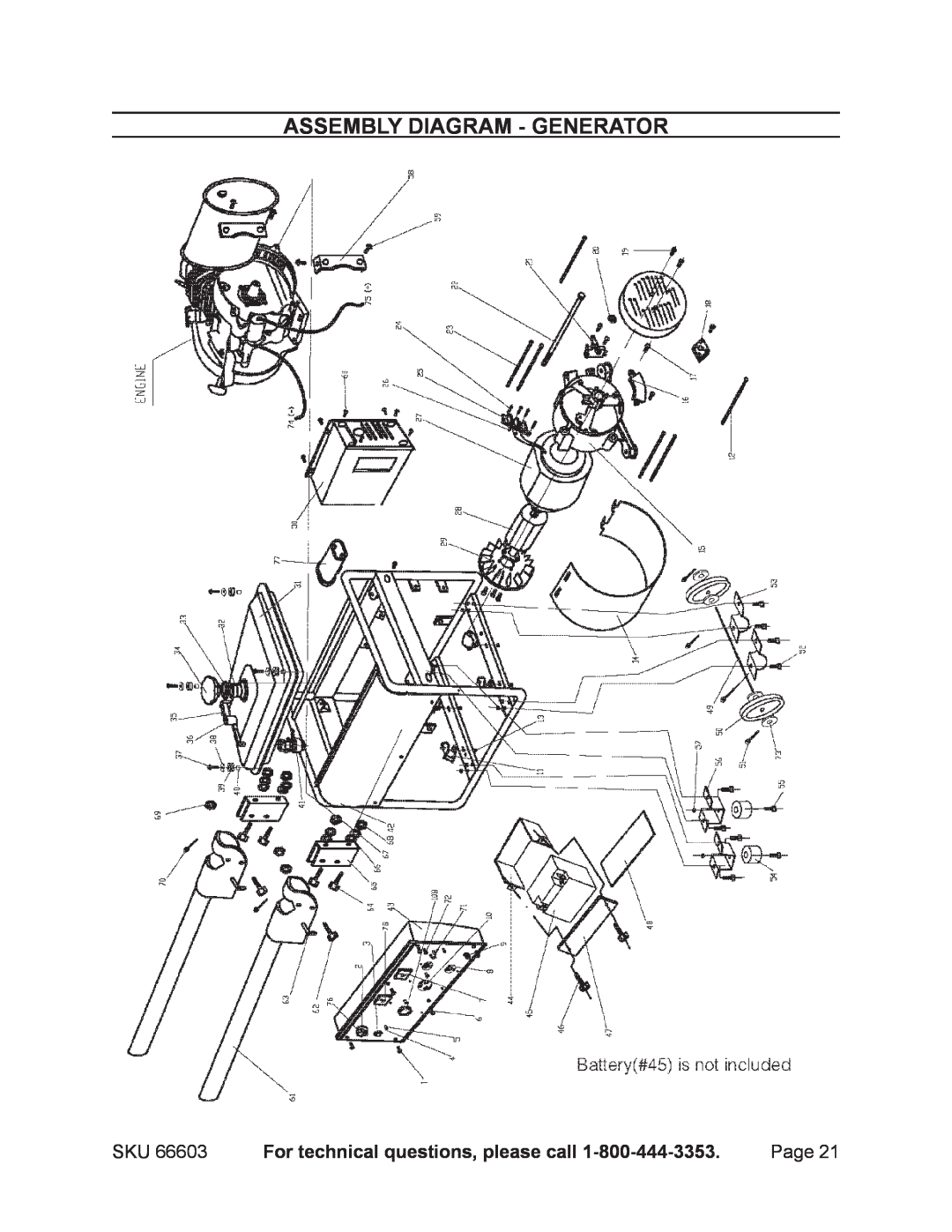 Chicago Electric 66603 manual Assembly Diagram - Generator, For technical questions, please call 