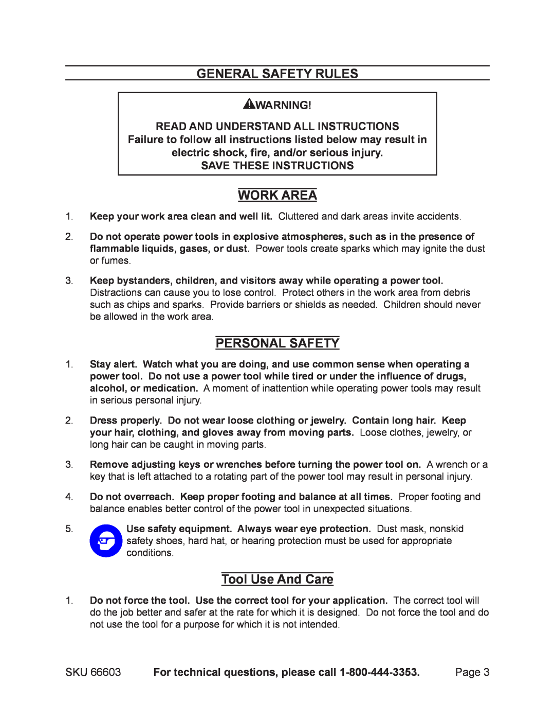 Chicago Electric 66603 manual General Safety Rules, Work Area, Personal Safety, Tool Use And Care 