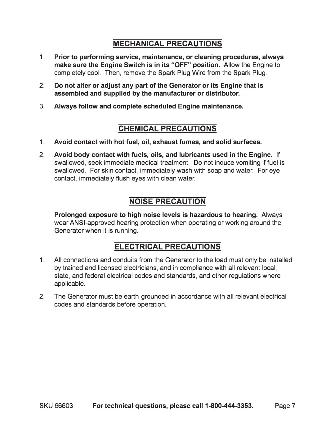 Chicago Electric 66603 manual Mechanical Precautions, Chemical Precautions, Noise Precaution, Electrical Precautions 