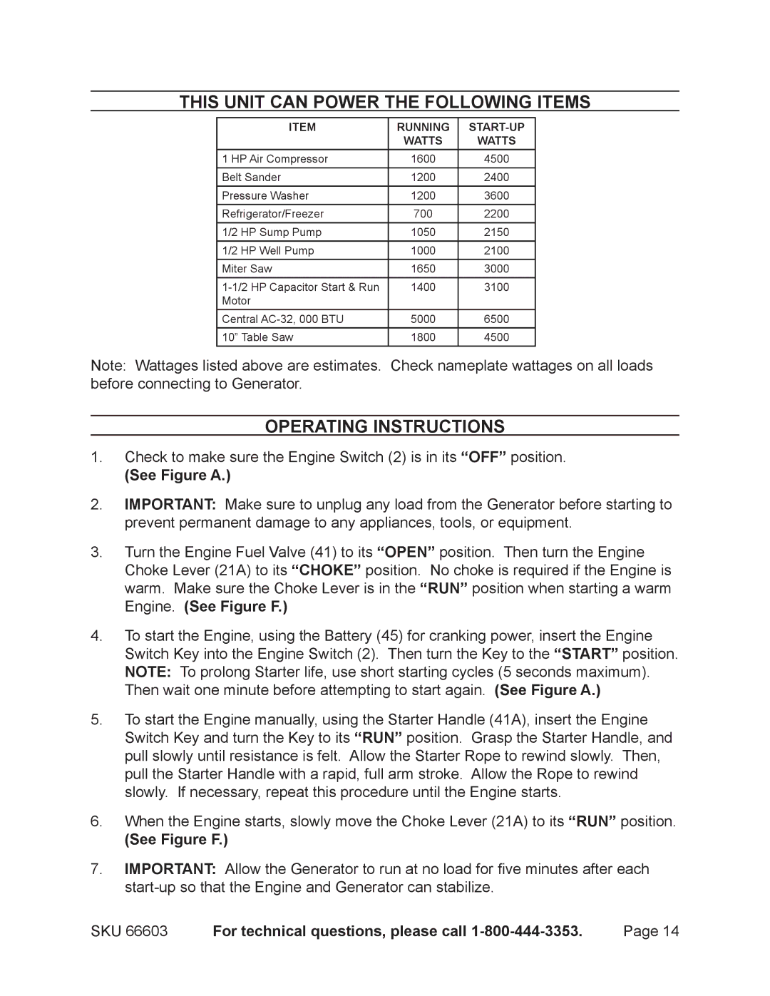 Chicago Electric 66603 manual This Unit can Power the Following Items, Operating Instructions, See Figure a, See Figure F 