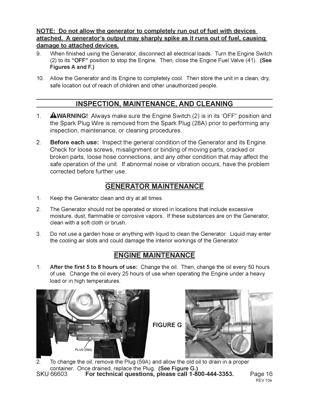 Chicago Electric 66603 manual INSPECTION, MAINTENANCE, and Cleaning, Generator Maintenance, Engine Maintenance 