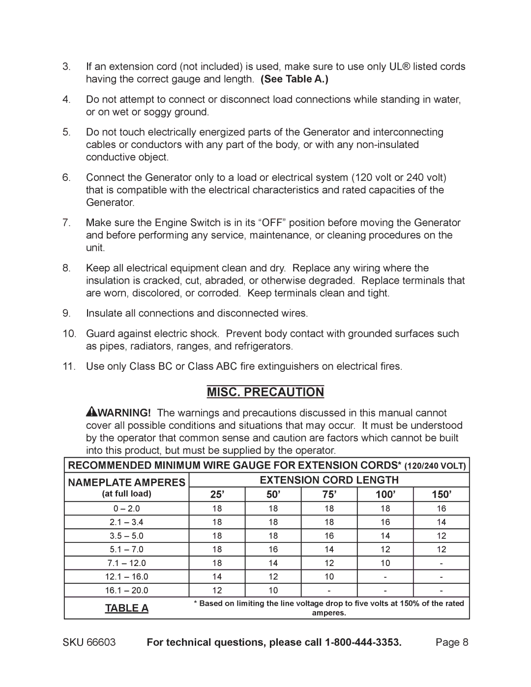 Chicago Electric 66603 manual MISC. Precaution, 25’ 50’ 75’ 100’ 150’ 