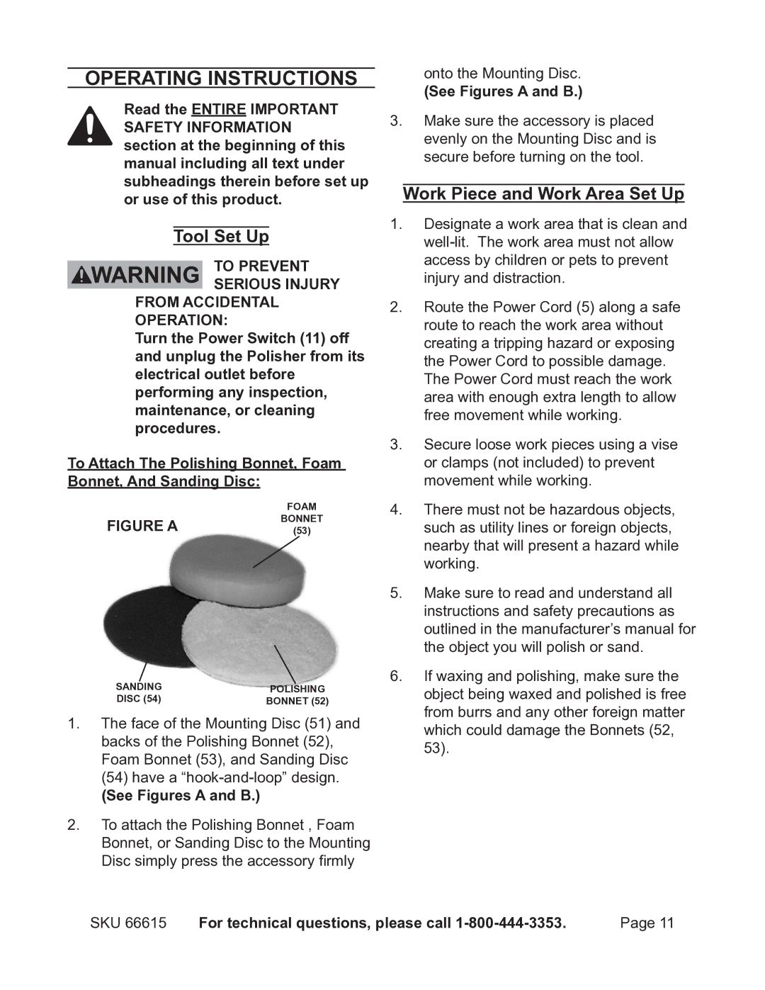 Chicago Electric 66615 Operating Instructions, Tool Set Up, Work Piece and Work Area Set Up, See Figures a and B 