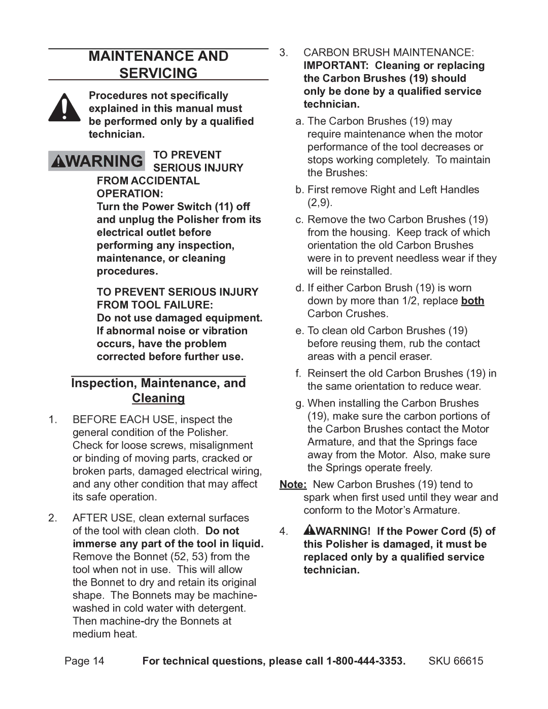 Chicago Electric 66615 operating instructions Maintenance Servicing, Inspection, Maintenance, Cleaning 