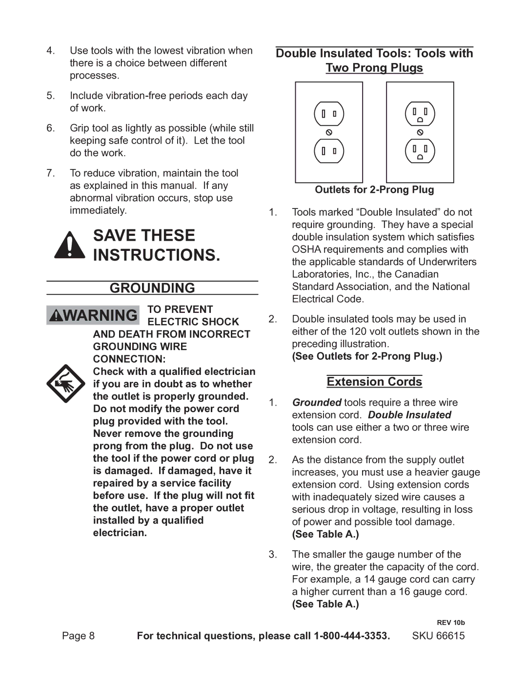 Chicago Electric 66615 Grounding, Double Insulated Tools Tools with Two Prong Plugs, Extension Cords, See Table a 