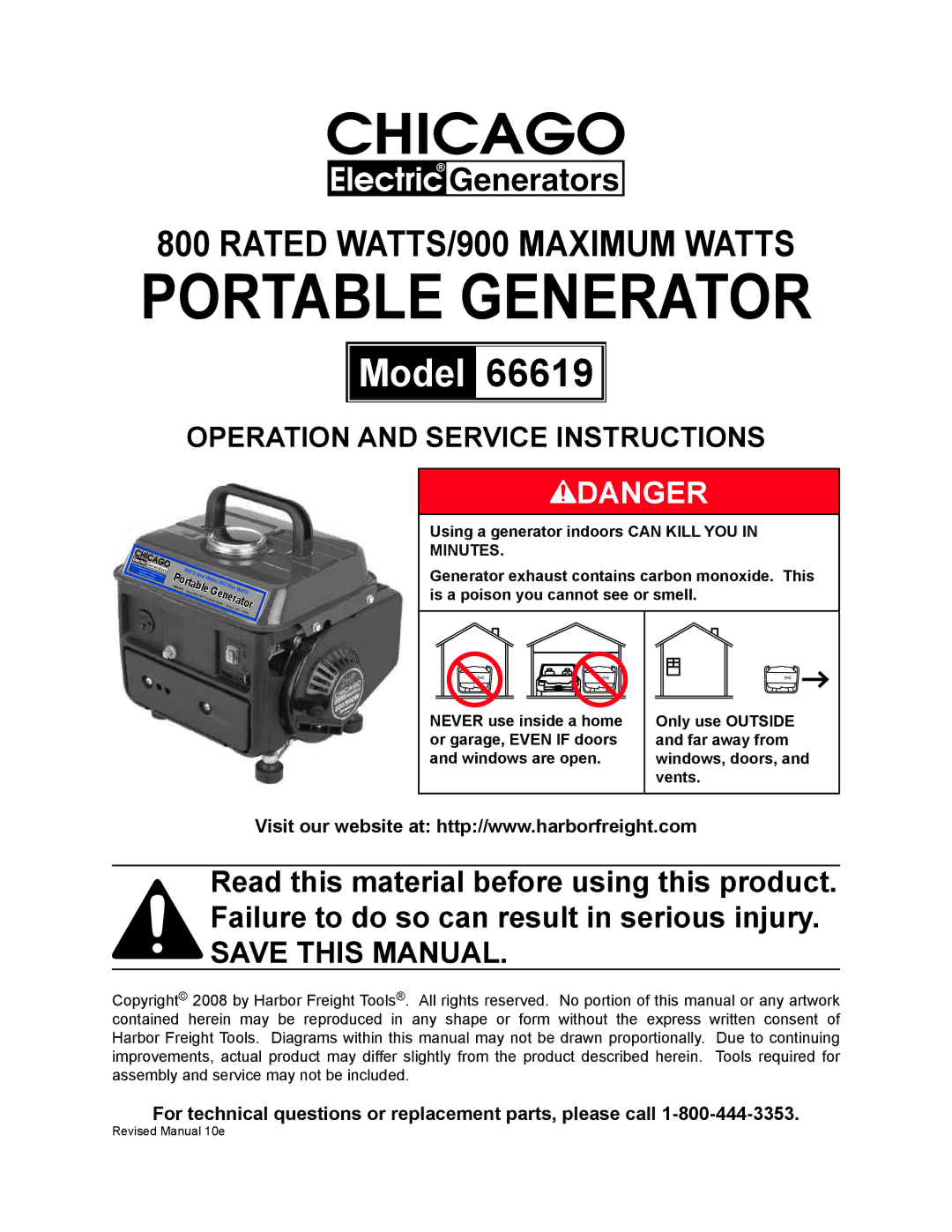 Chicago Electric 66619 manual Portable Generator, For technical questions or replacement parts, please call 