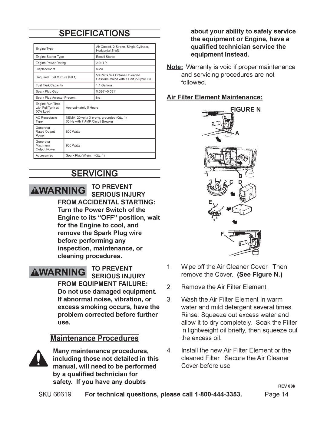 Chicago Electric 66619 manual Specifications, Servicing, Maintenance Procedures 