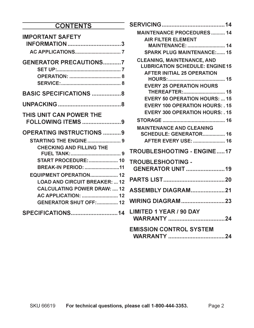 Chicago Electric 66619 manual Contents 