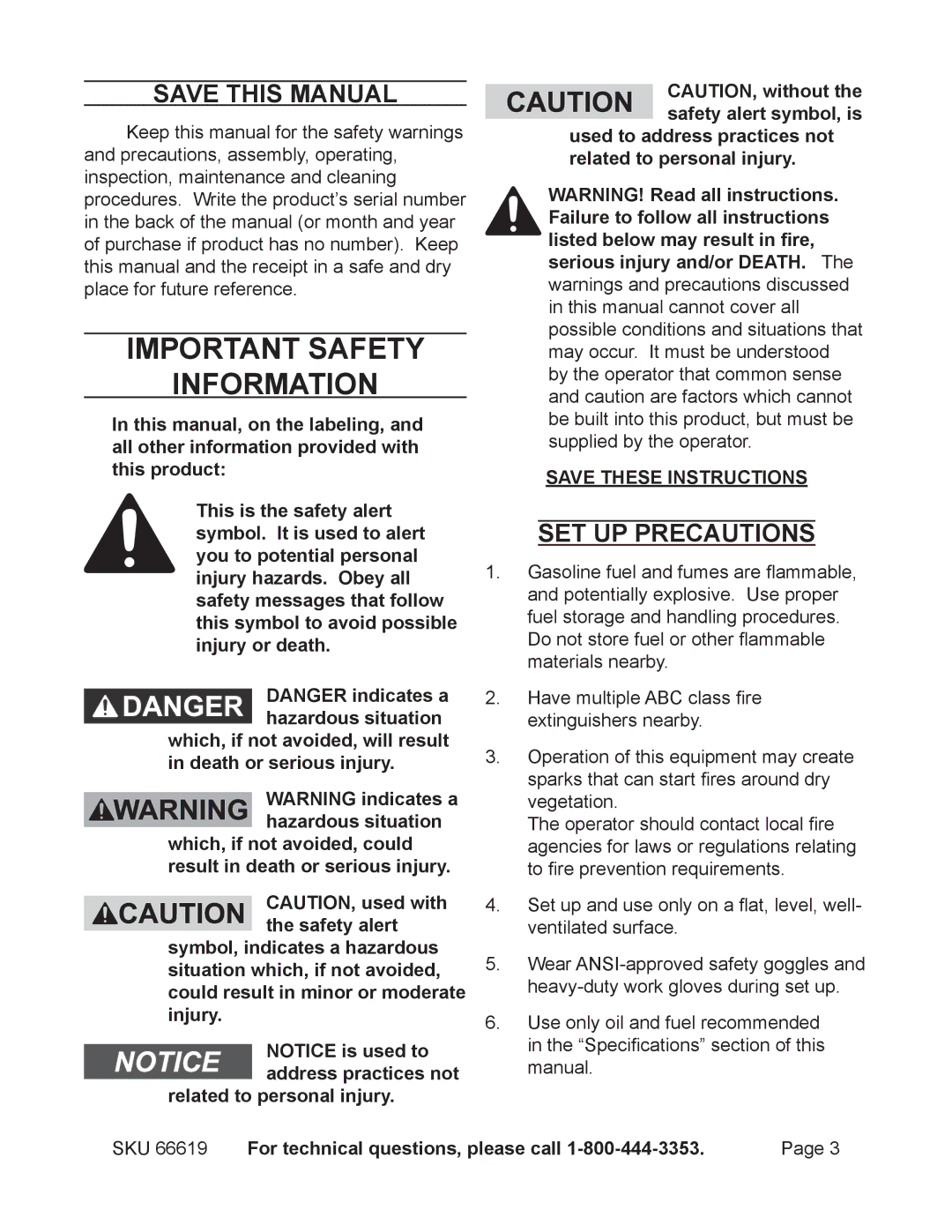 Chicago Electric 66619 manual Save This Manual, Set up precautions 