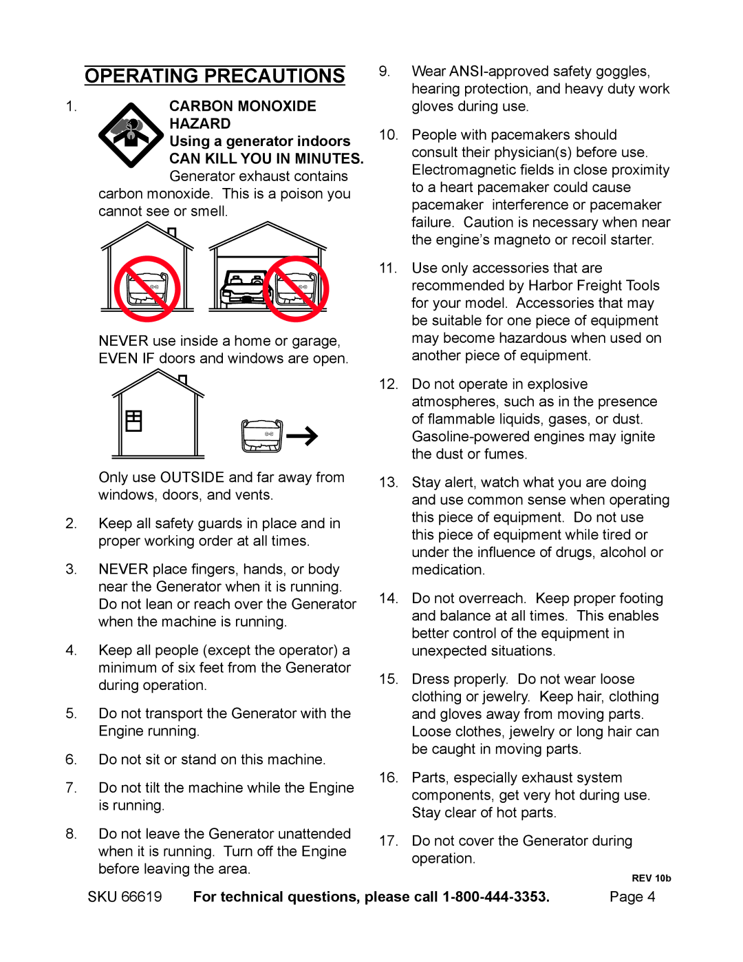 Chicago Electric 66619 manual Operating precautions, Carbon Monoxide Hazard Using a generator indoors 