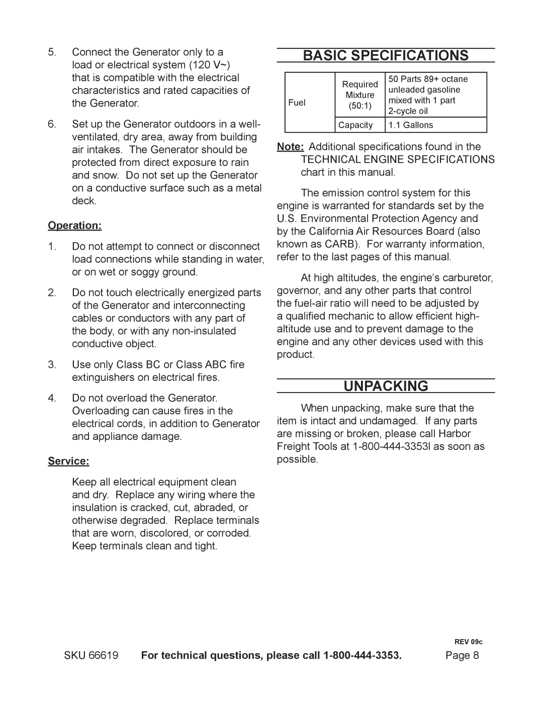 Chicago Electric 66619 manual Basic Specifications, Unpacking 