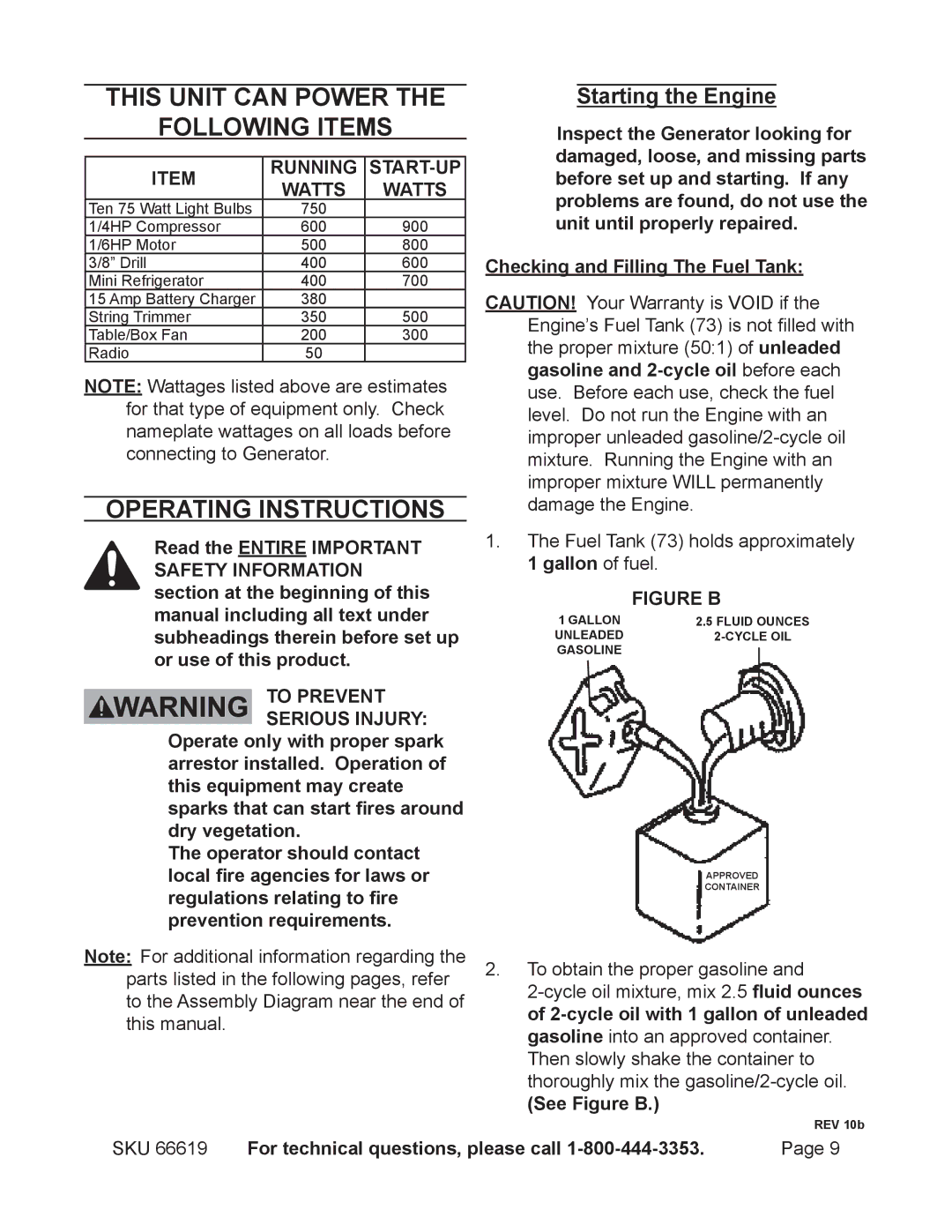 Chicago Electric 66619 This Unit can Power Following Items, Operating Instructions, Starting the Engine, See Figure B 