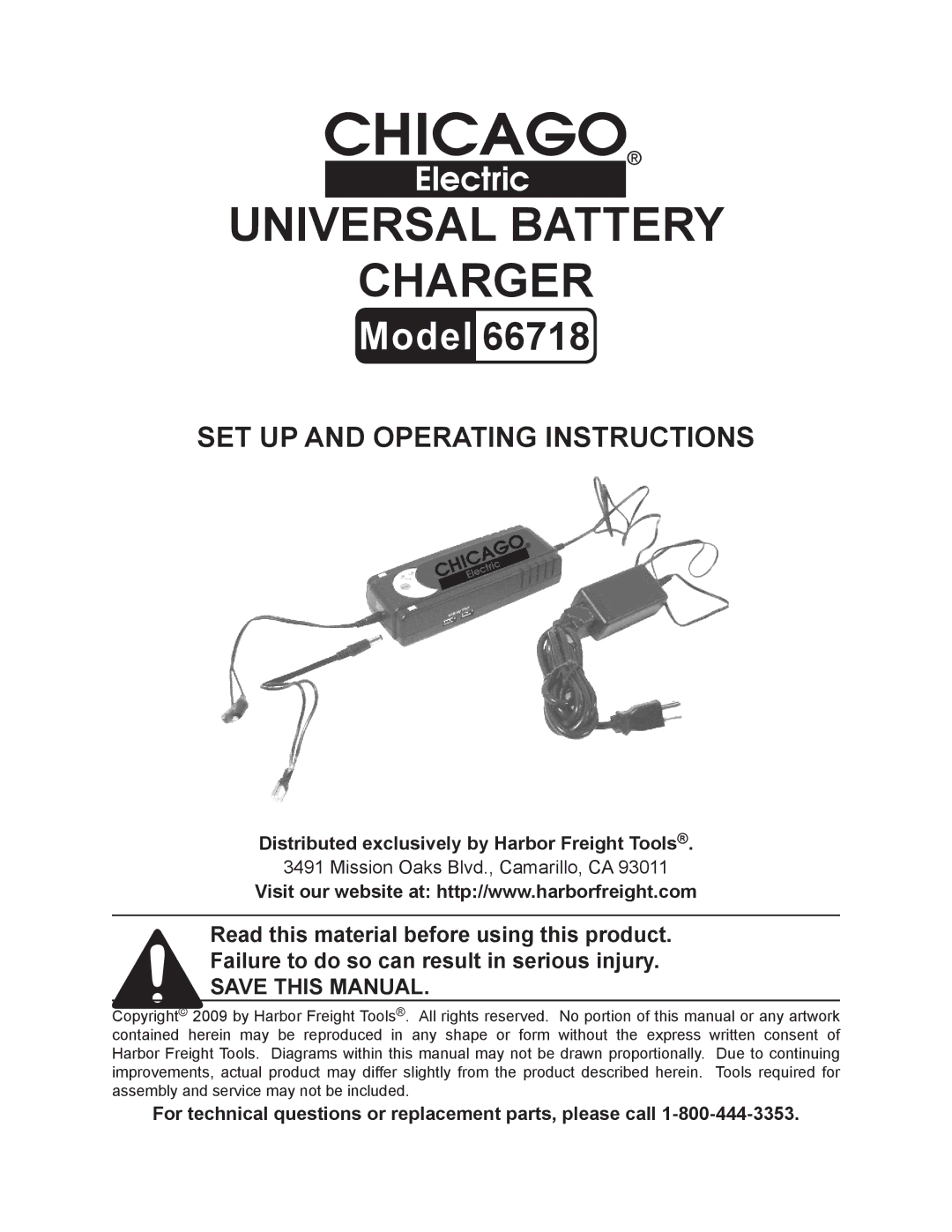 Chicago Electric 66718 operating instructions Distributed exclusively by Harbor Freight Tools 