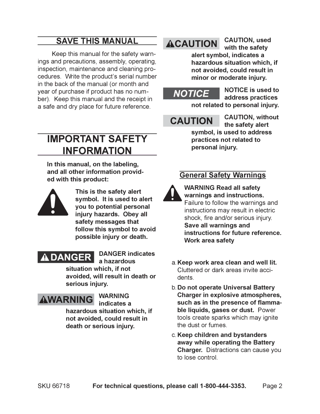 Chicago Electric 66718 operating instructions Save This Manual, General Safety Warnings, Do not operate Universal Battery 