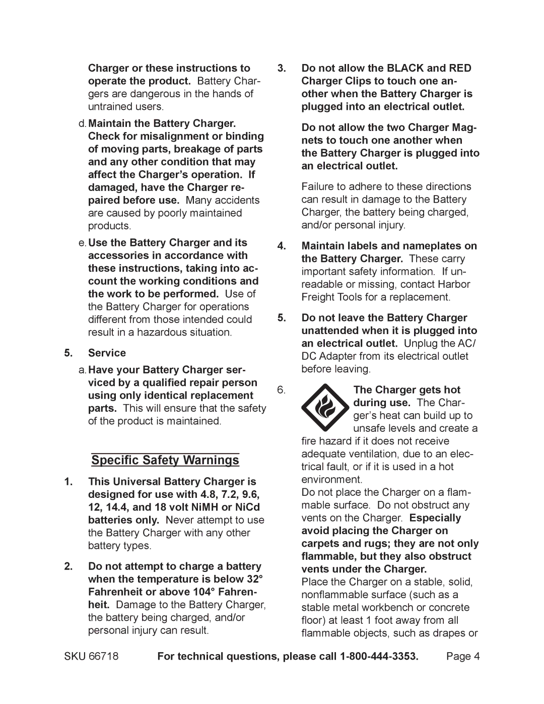 Chicago Electric 66718 operating instructions Specific Safety Warnings, Maintain the Battery Charger, Service 