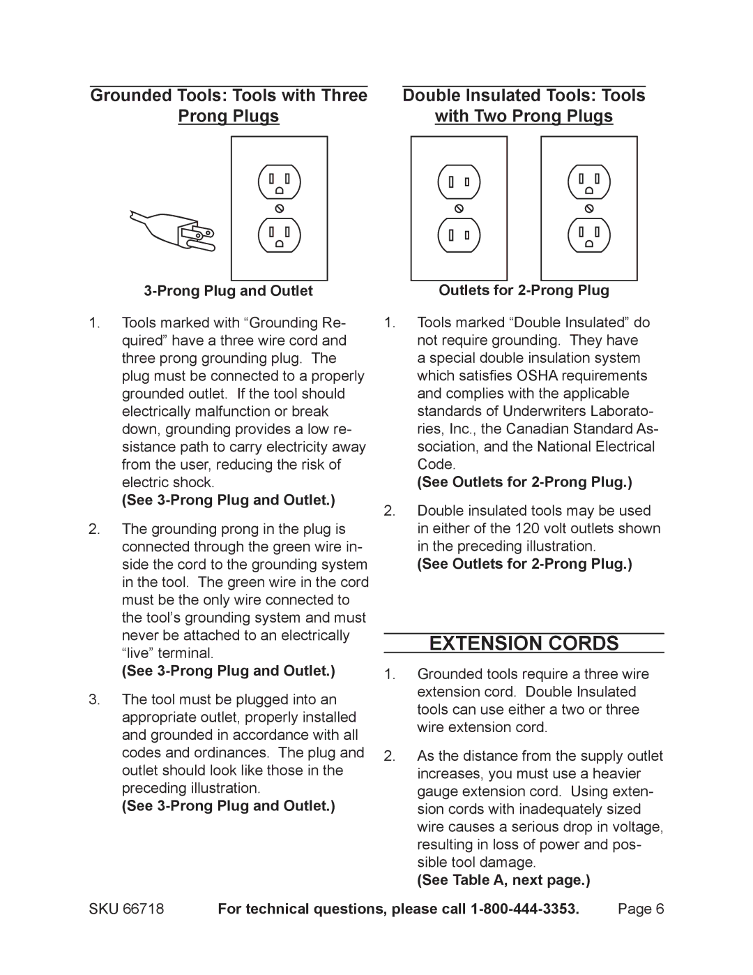 Chicago Electric 66718 operating instructions Extension Cords, Double Insulated Tools Tools With Two Prong Plugs 