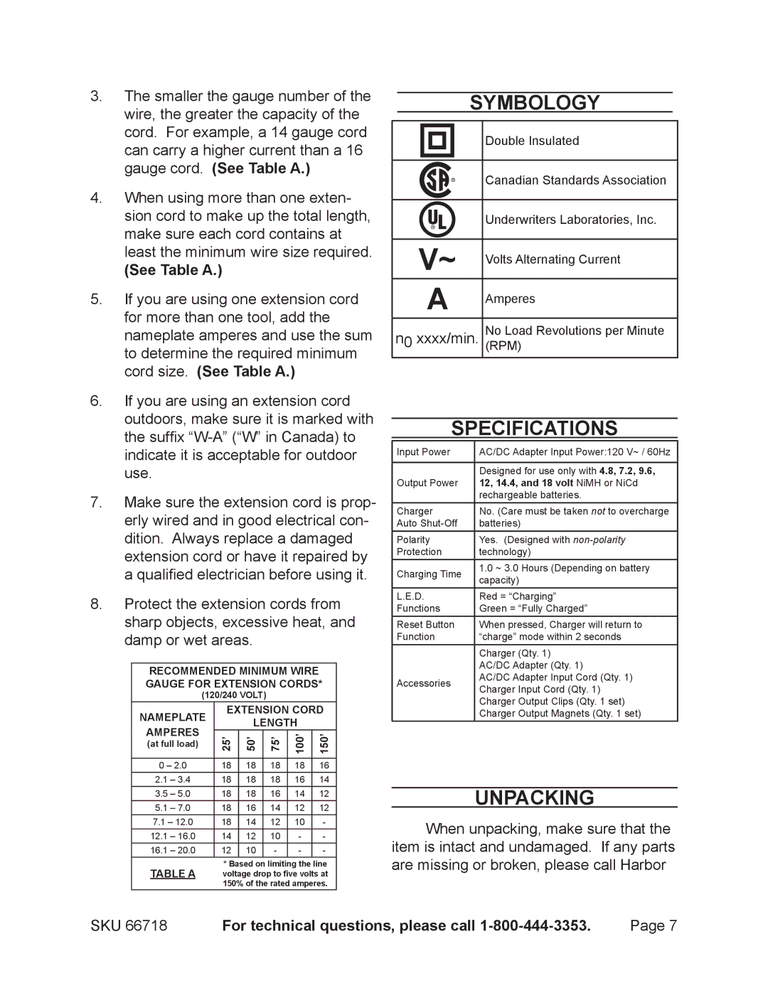 Chicago Electric 66718 operating instructions Symbology, Specifications, Unpacking, See Table a 