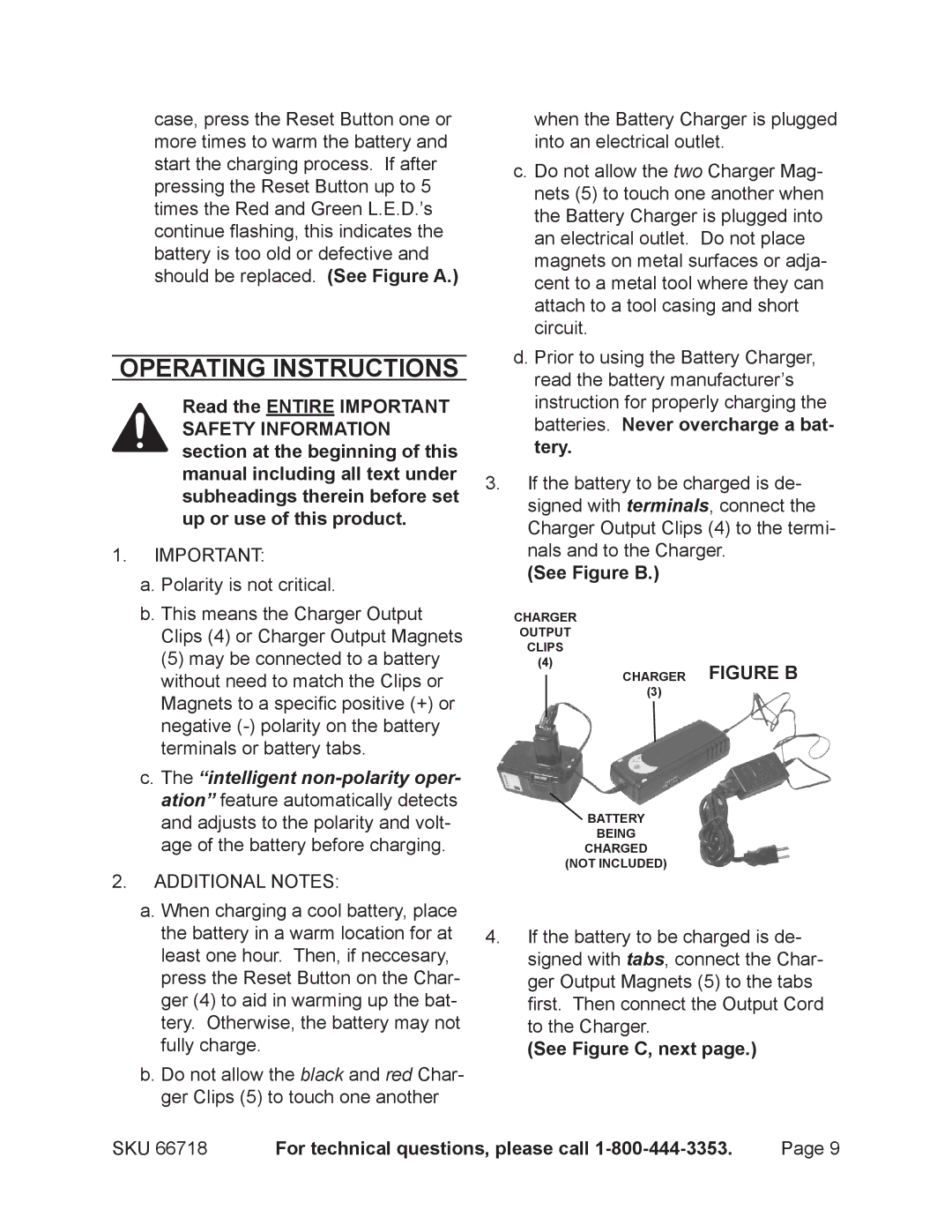 Chicago Electric 66718 operating instructions Operating Instructions, See Figure B, See Figure C, next 