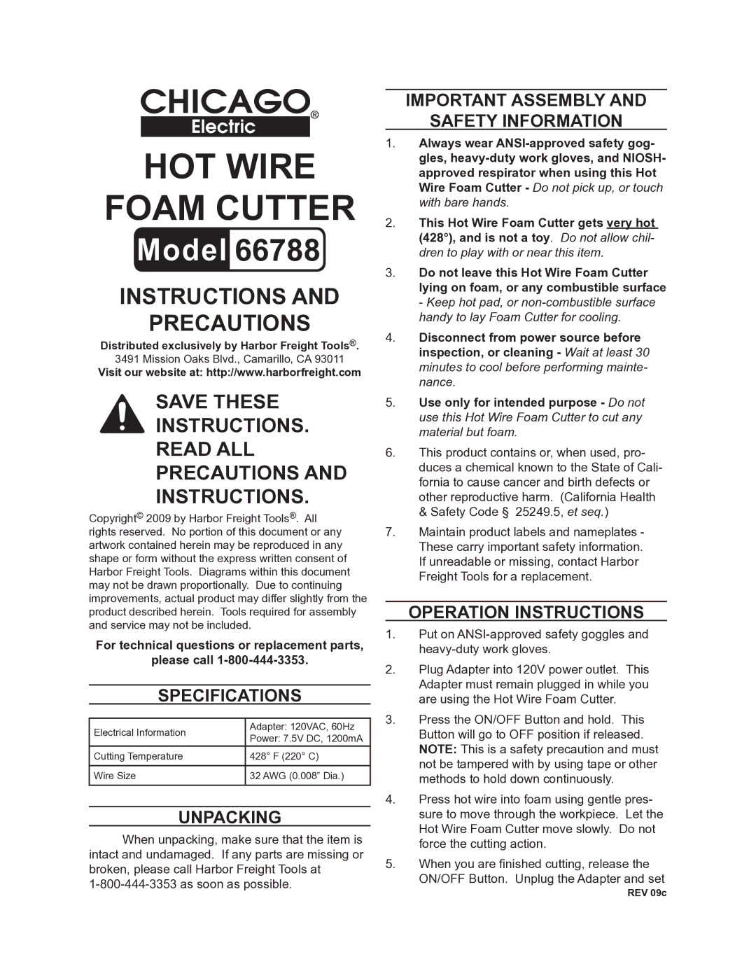 Chicago Electric 66788 specifications Hot wire Foam cutter, Instructions Precautions 