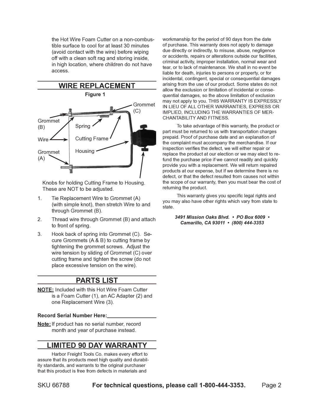 Chicago Electric 66788 specifications Wire replacement, Parts List, Limited 90 DAY Warranty 