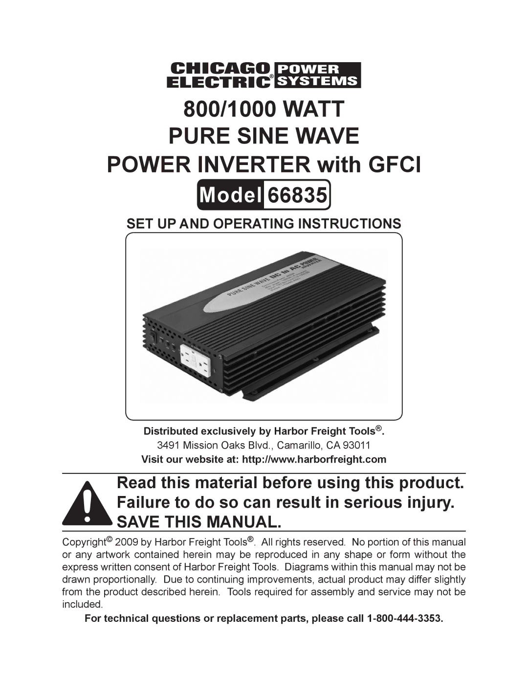 Chicago Electric 66835 operating instructions 800/1000 watt Pure sine wave POWER iNVERTER with Gfci 