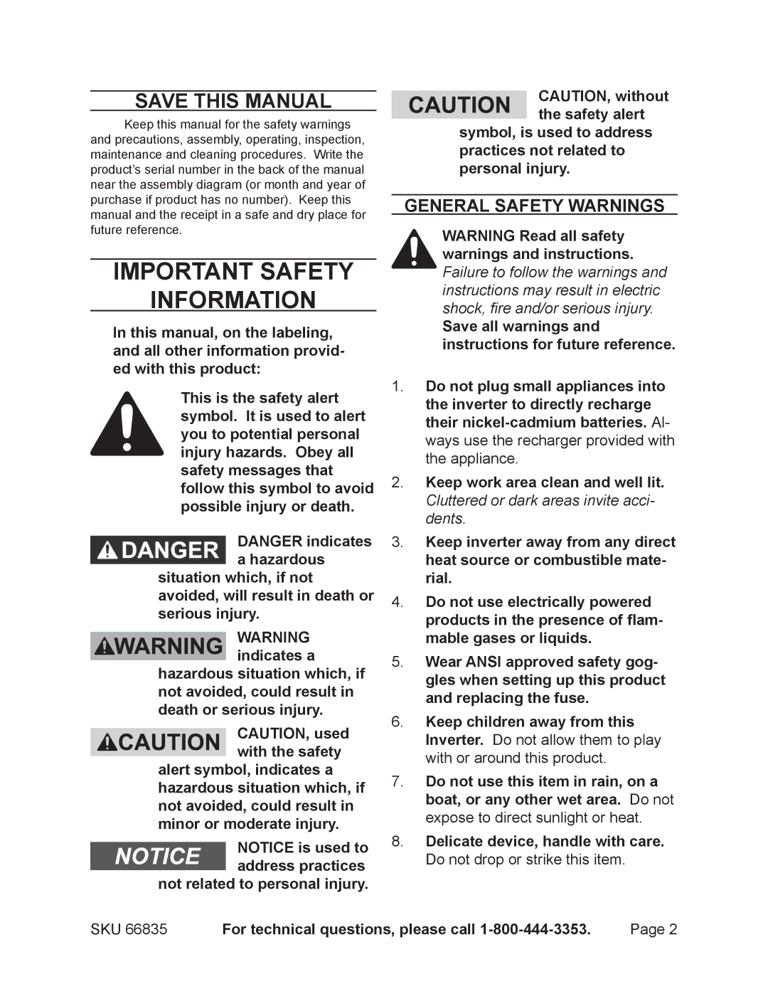 Chicago Electric 66835 operating instructions Save This Manual, General Safety Warnings 