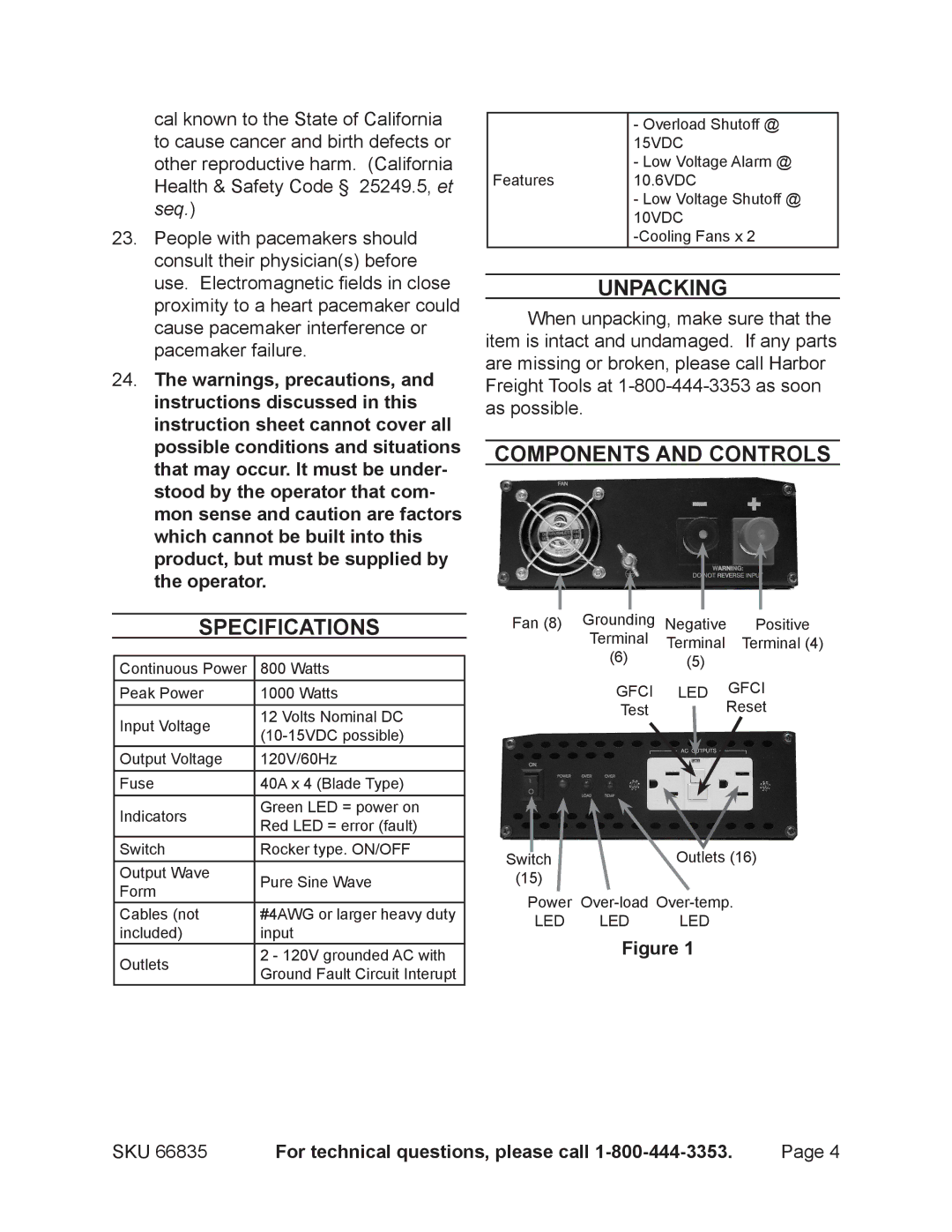 Chicago Electric 66835 operating instructions Specifications, Unpacking, Components and Controls 