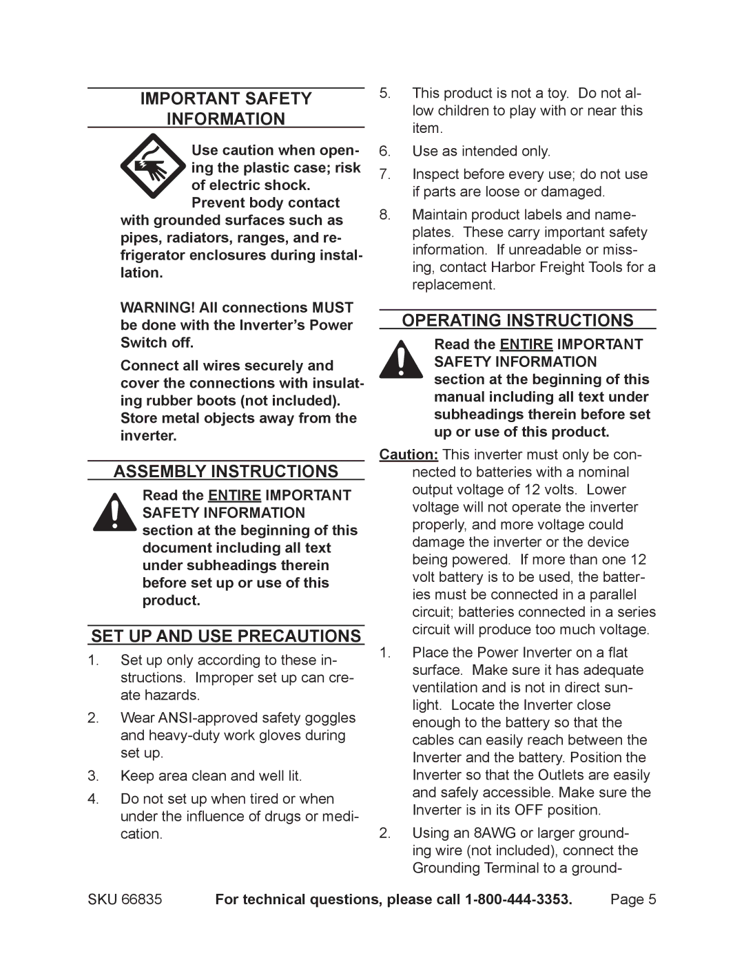 Chicago Electric 66835 Important Safety Information, Assembly Instructions, Set up and Use Precautions 