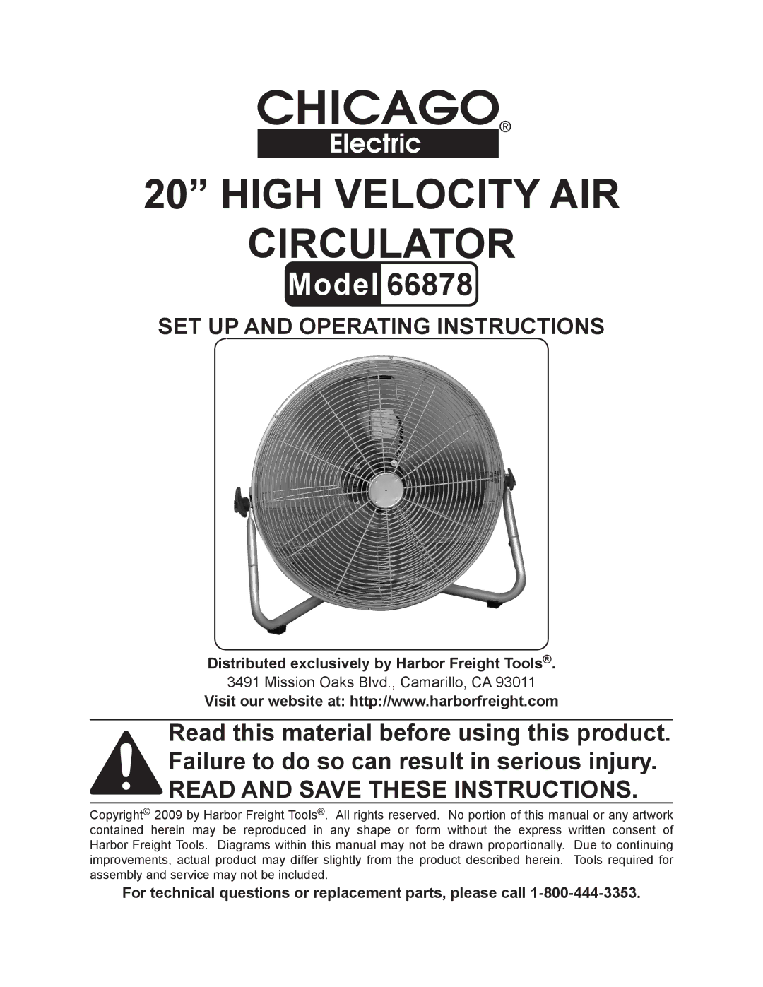 Chicago Electric 66878 manual High velocity Air Circulator 