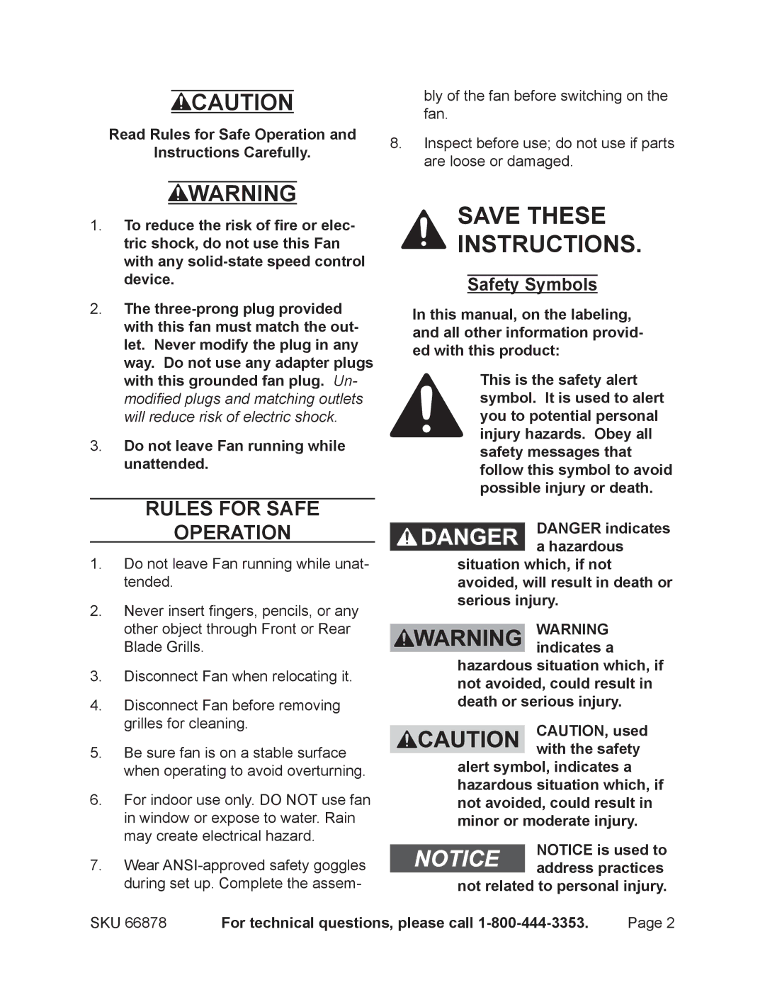 Chicago Electric 66878 manual Rules for Safe Operation, Safety Symbols 