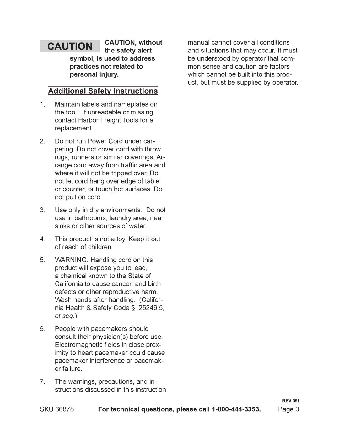 Chicago Electric 66878 manual Additional Safety Instructions 