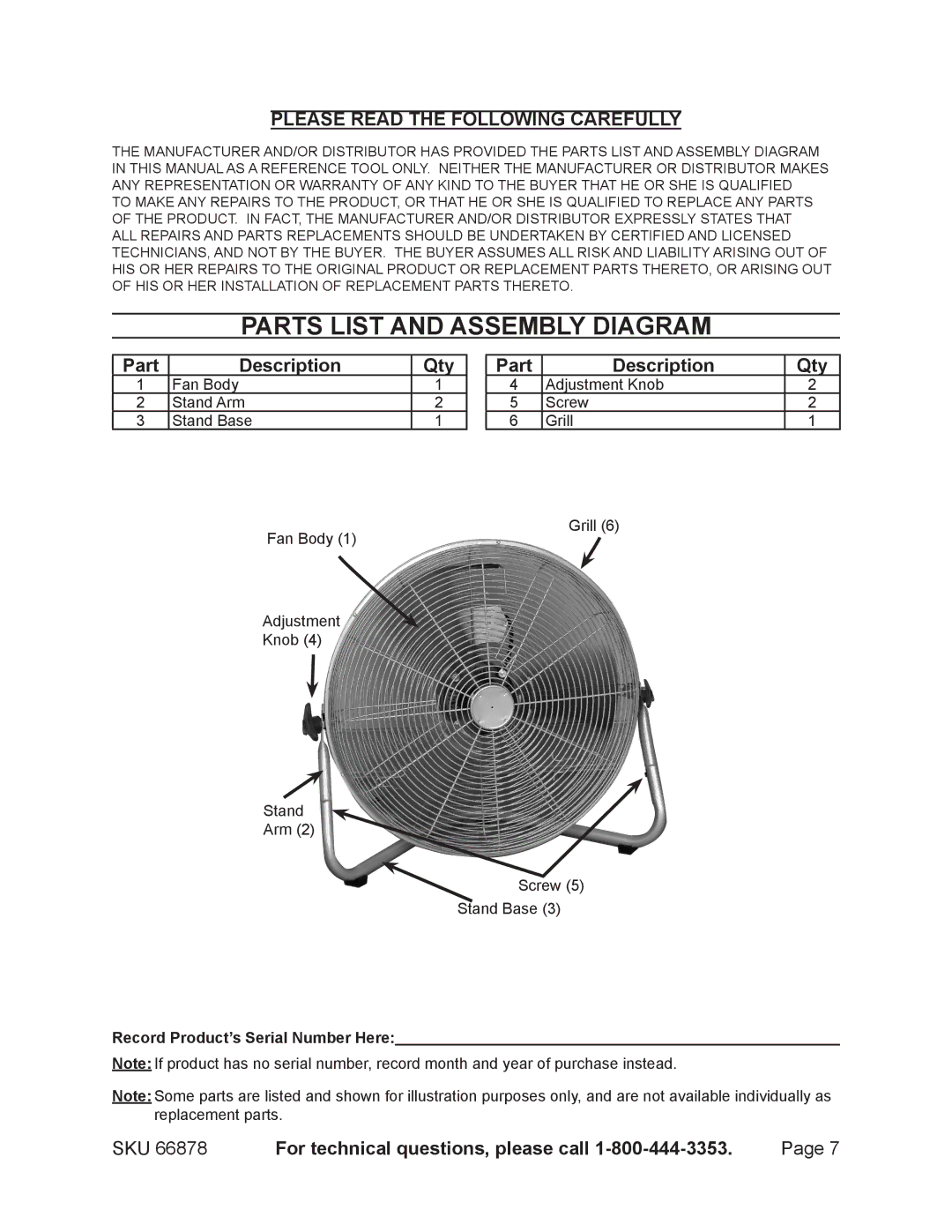 Chicago Electric 66878 manual Parts List and Assembly Diagram, Please Read the Following Carefully 