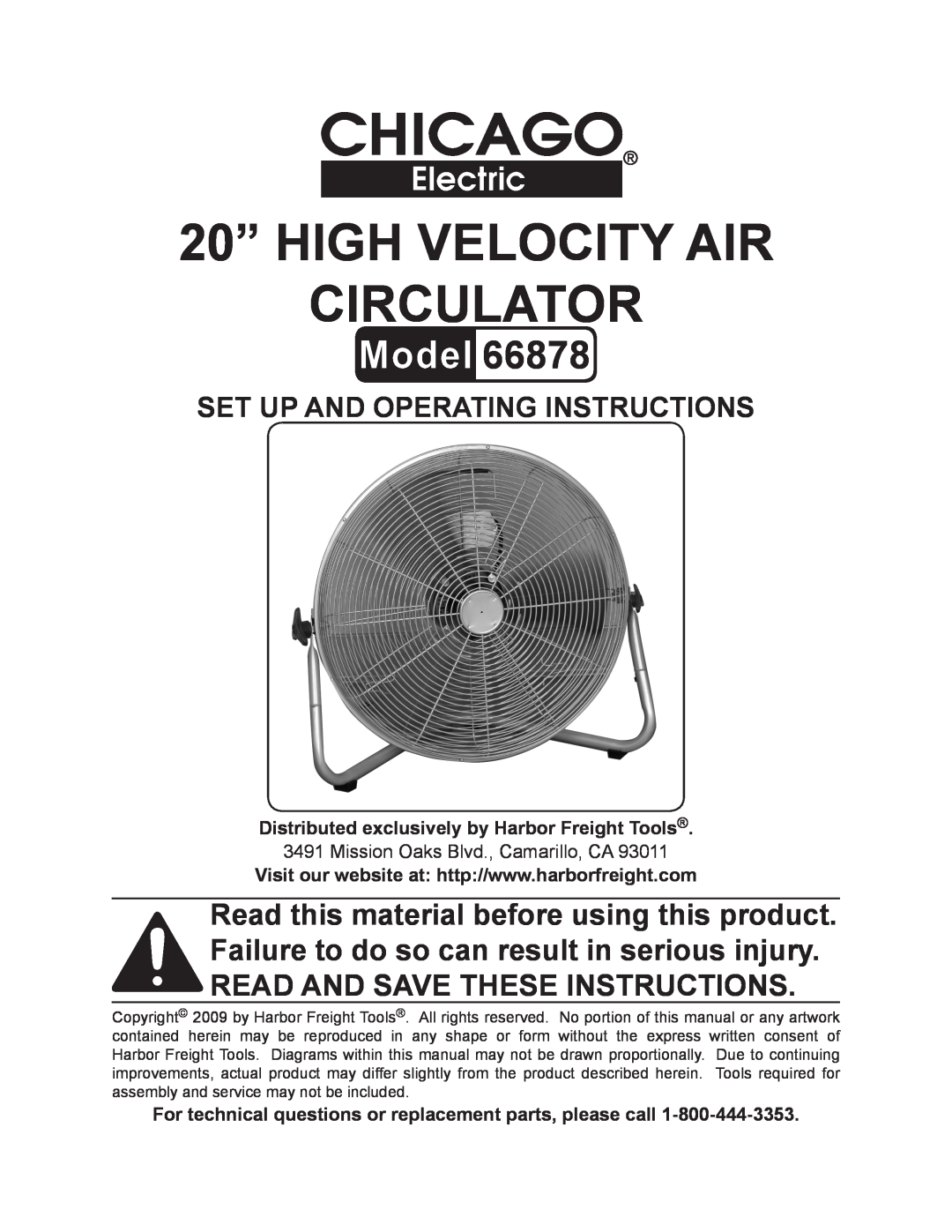 Chicago Electric 66878 manual Distributed exclusively by Harbor Freight Tools, 20” High velocity Air Circulator 