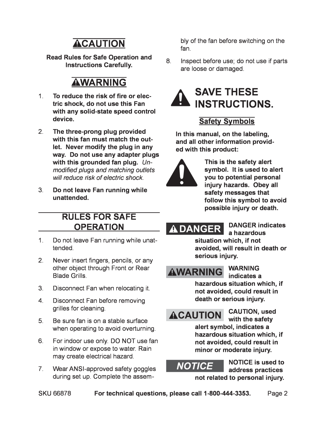 Chicago Electric 66878 Save these instructions, Rules For Safe Operation, Safety Symbols, DANGER indicates a hazardous 
