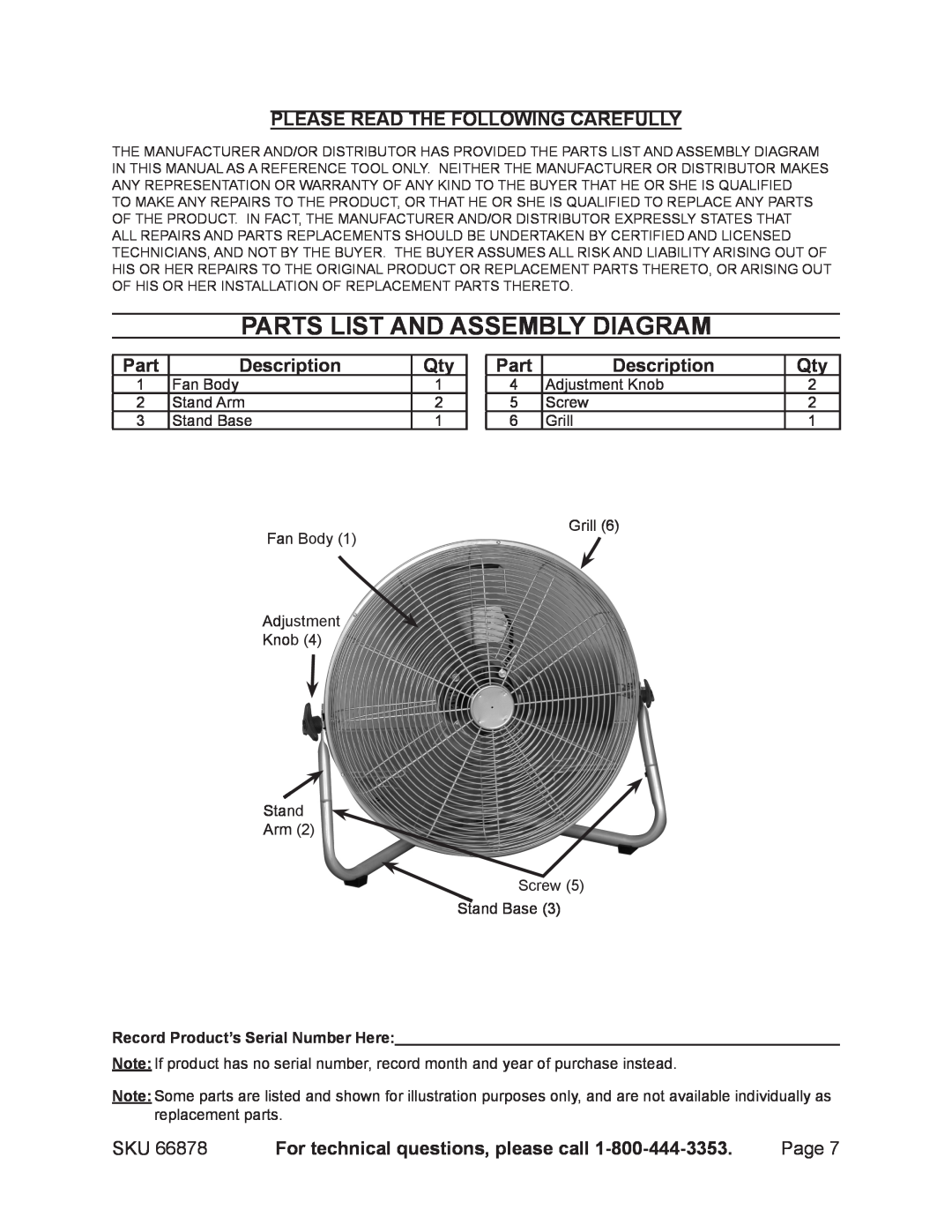 Chicago Electric 66878 manual Parts List And Assembly Diagram, Please Read The Following Carefully, Description 
