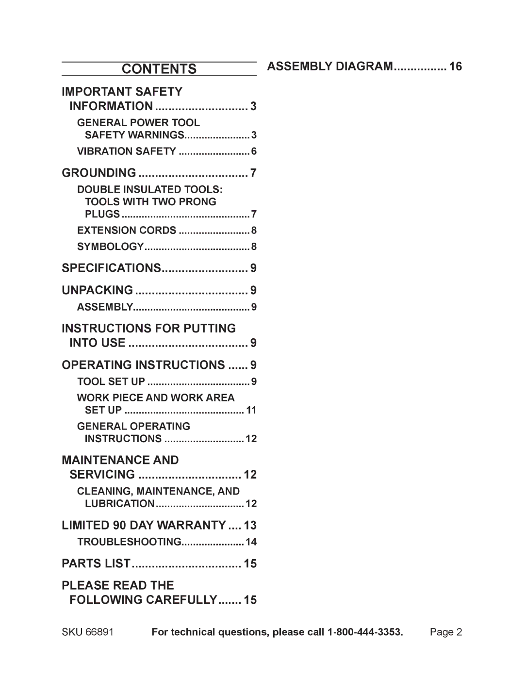 Chicago Electric 66891 operating instructions Contents 