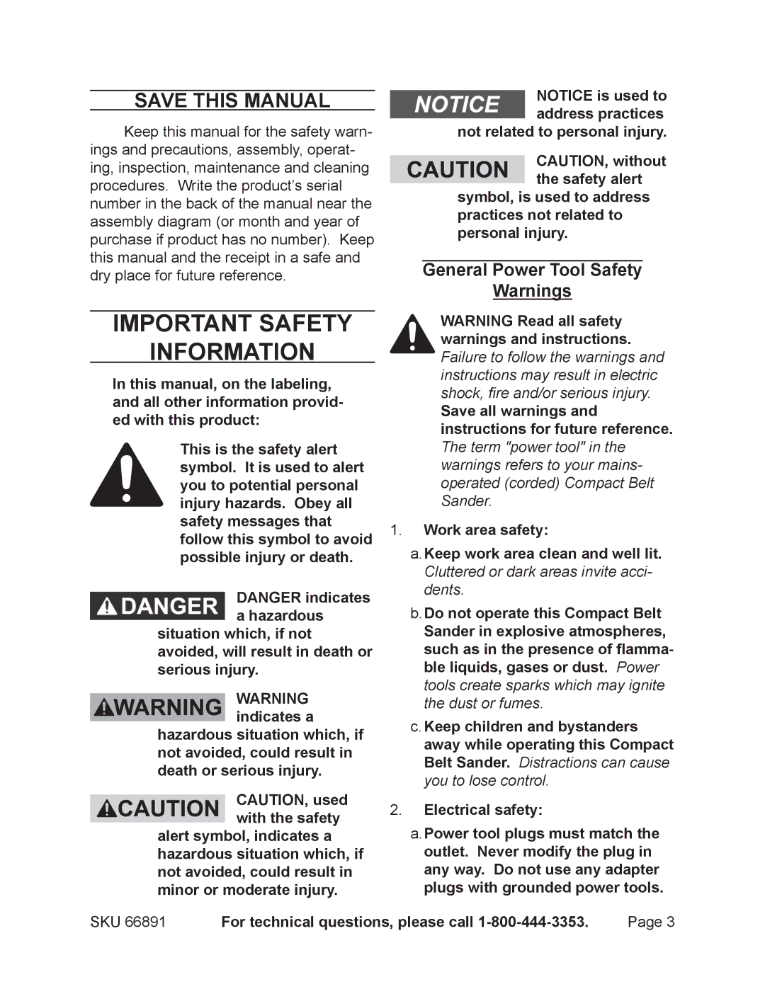 Chicago Electric 66891 operating instructions Save This Manual, General Power Tool Safety 