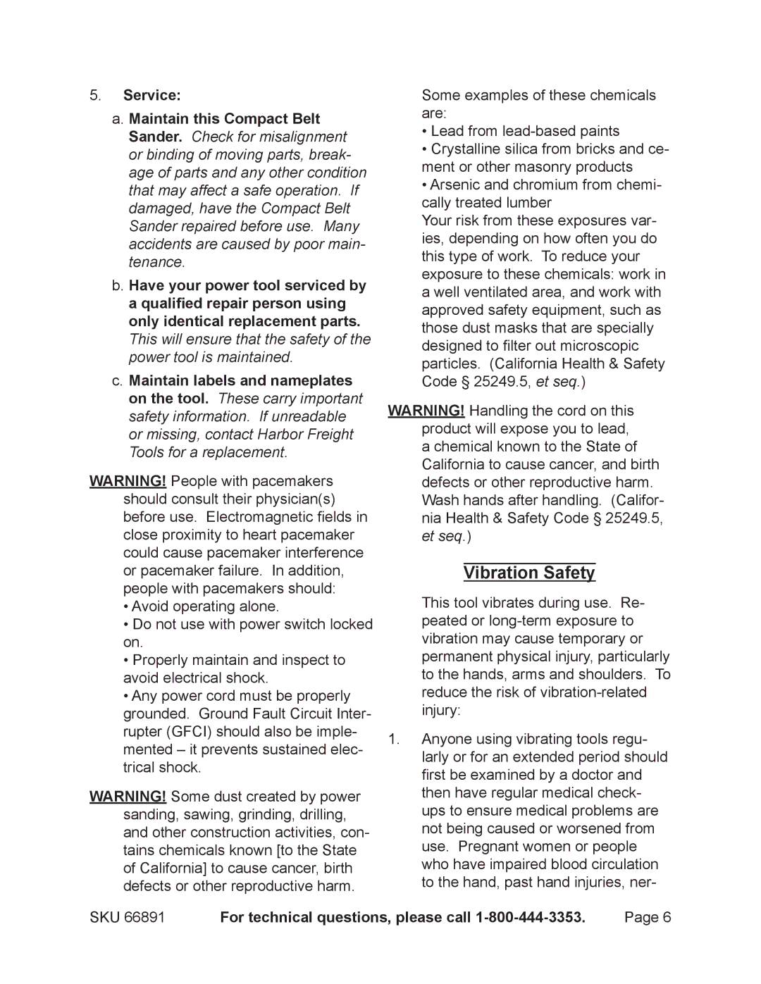 Chicago Electric 66891 operating instructions Vibration Safety 