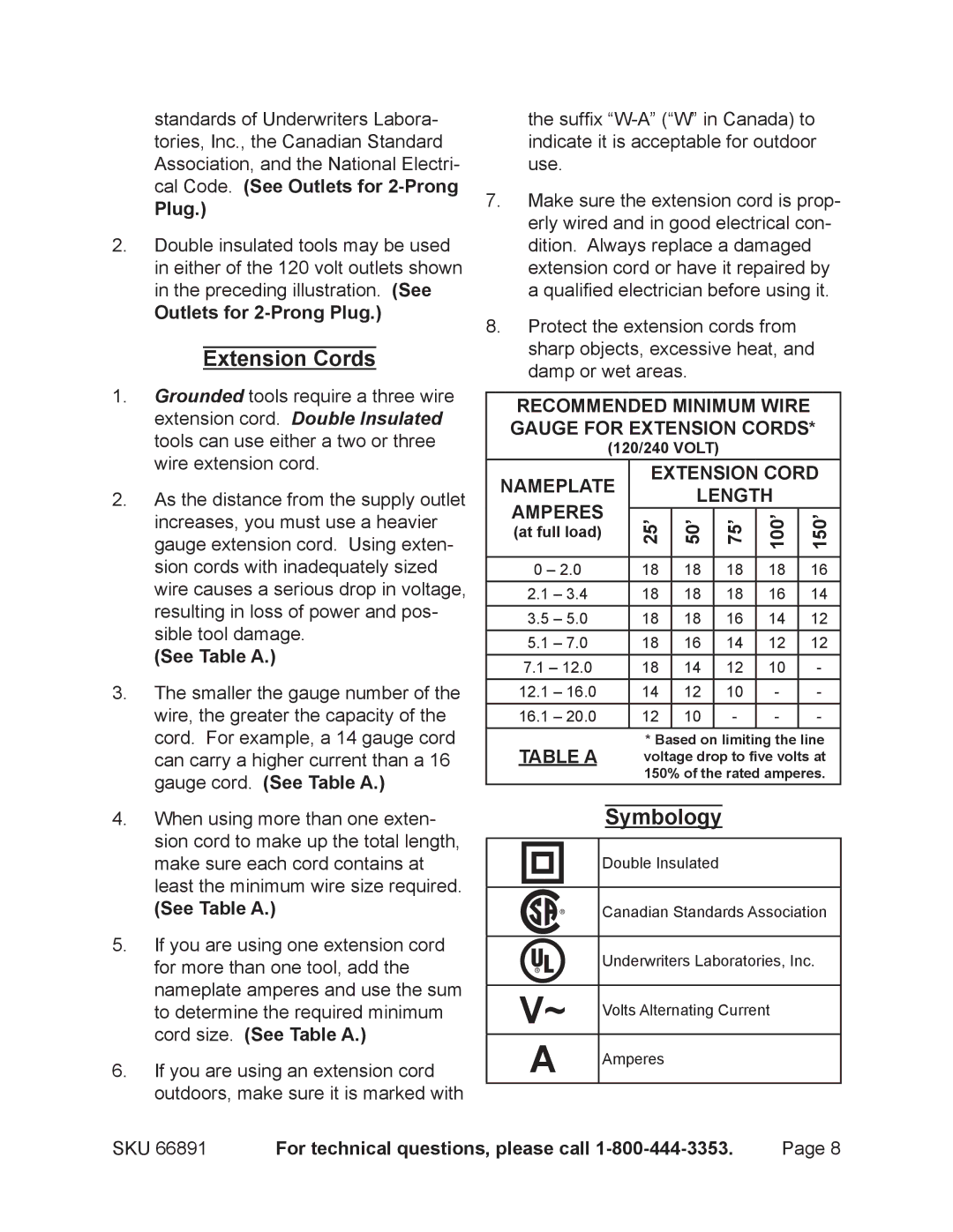 Chicago Electric 66891 operating instructions Extension Cords, Symbology, Plug, See Table a, 25’ 50’ 75’ 