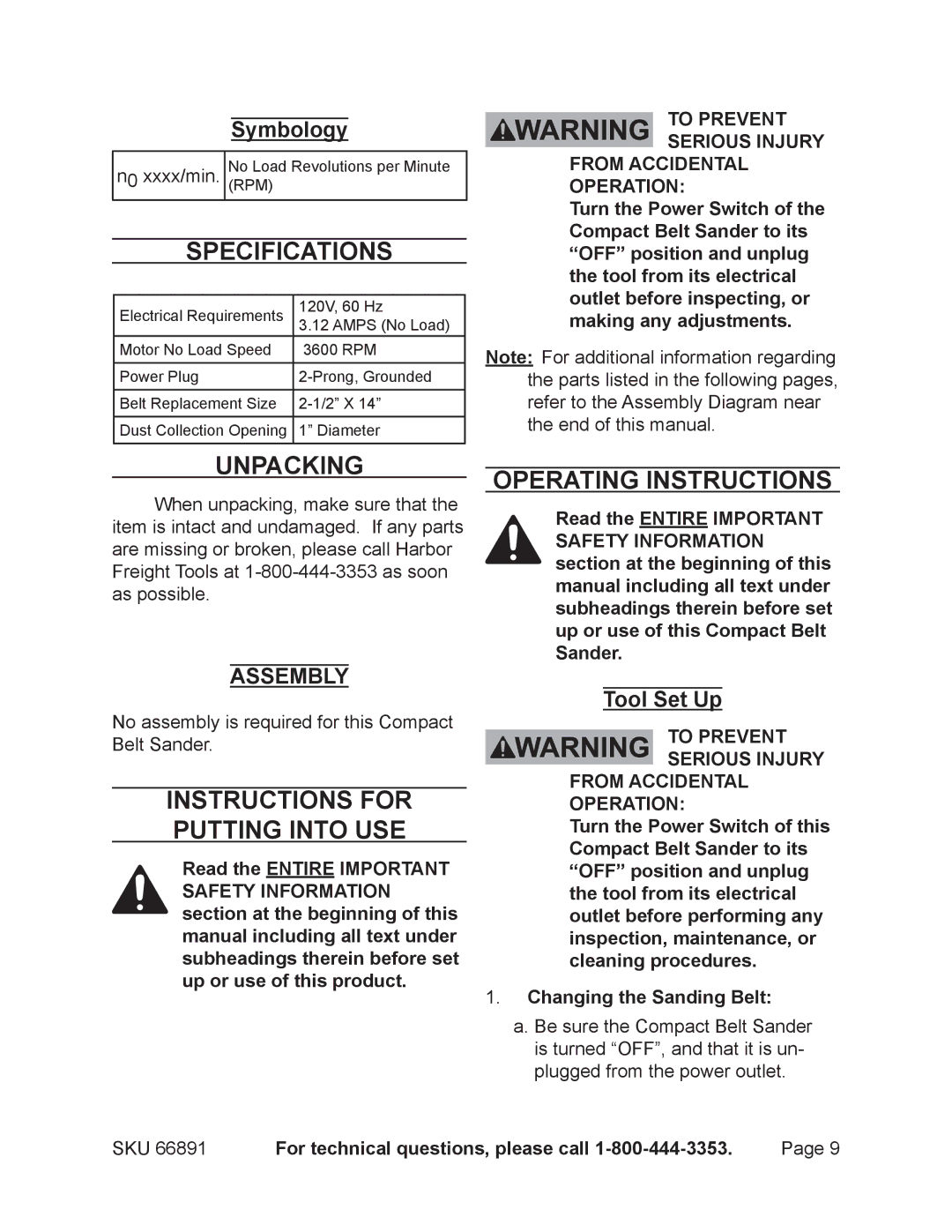 Chicago Electric 66891 Specifications, Unpacking, Instructions for putting into use, Operating Instructions, Tool Set Up 