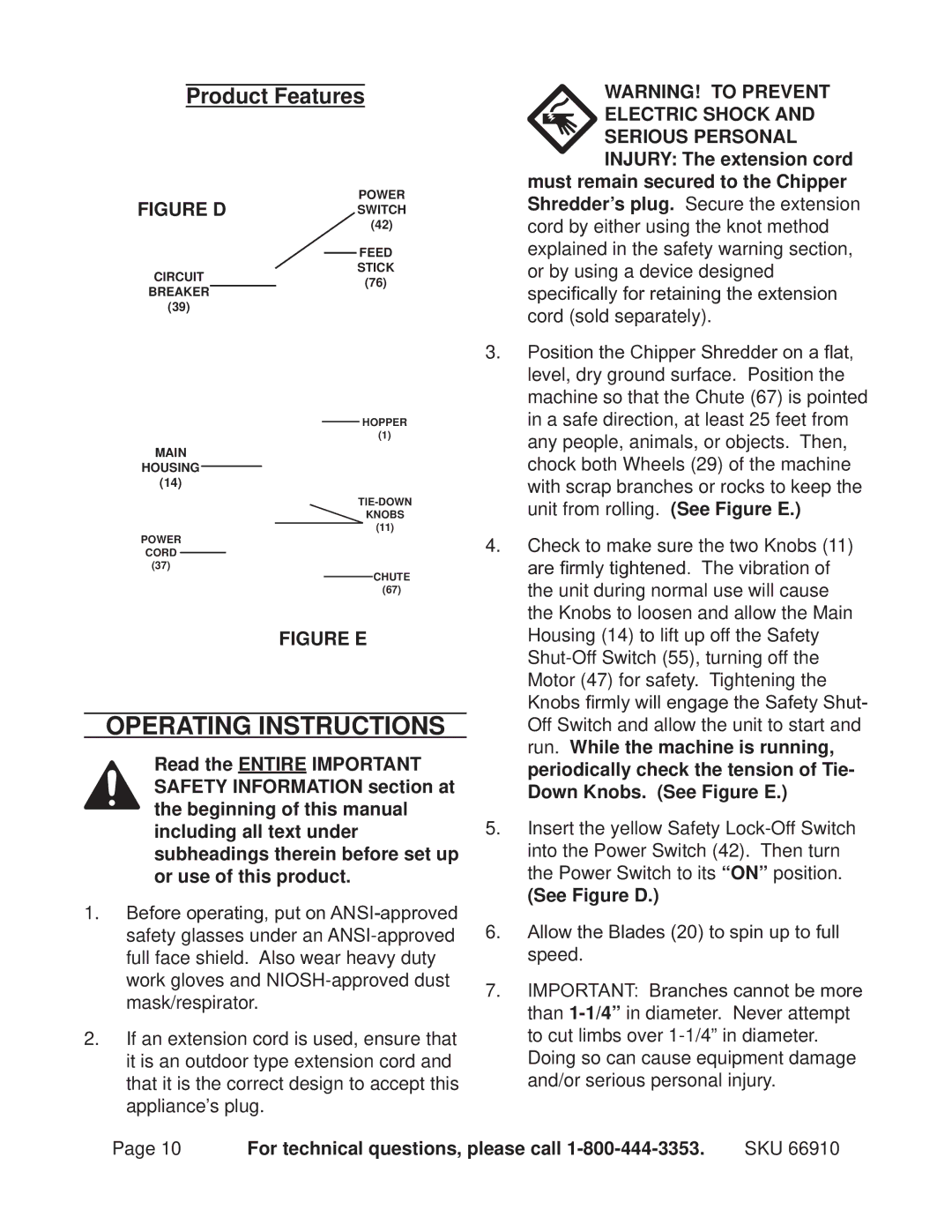 Chicago Electric 66910 operating instructions Operating Instructions, Product Features, See Figure D 