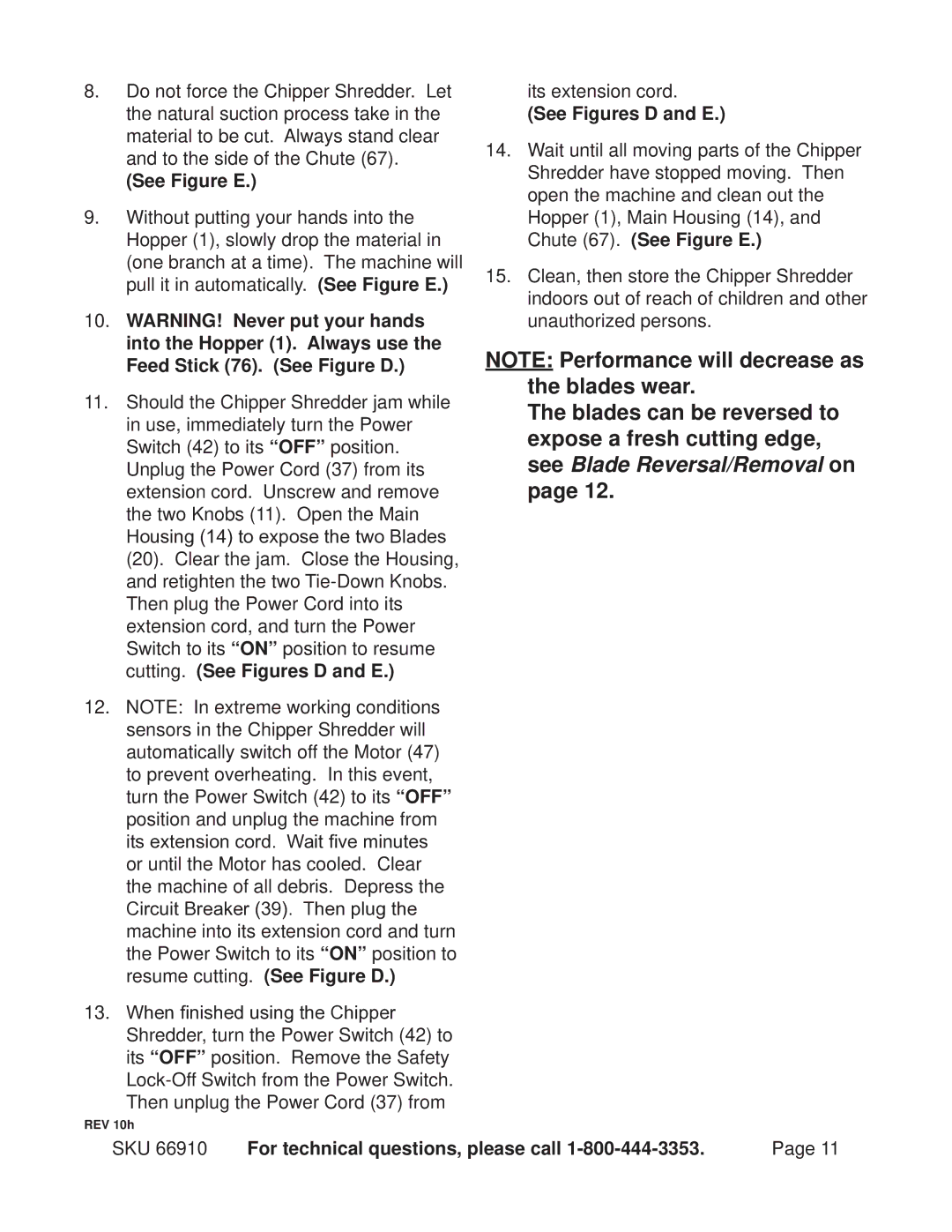 Chicago Electric 66910 operating instructions See Figure E, See Figures D and E, SKU For technical questions, please call 