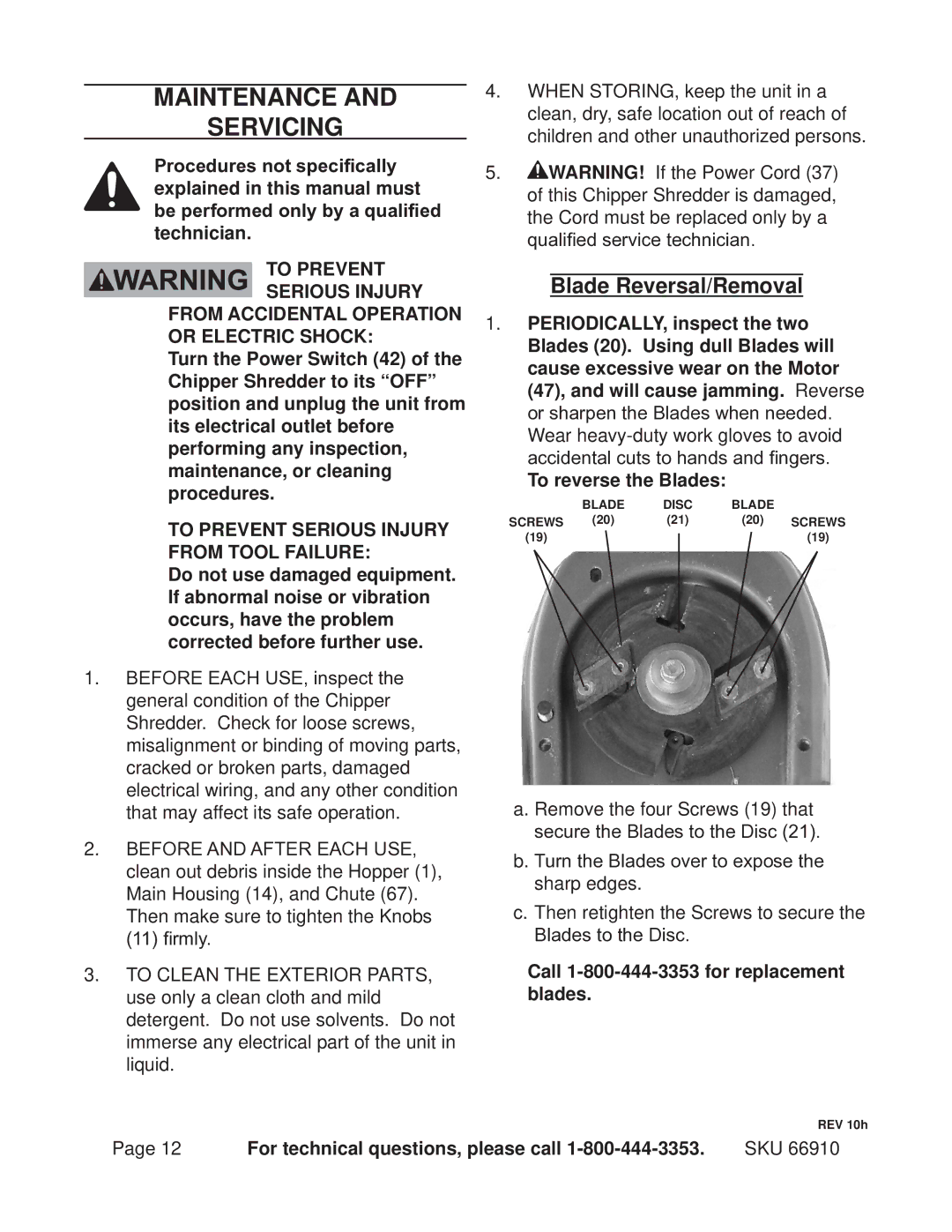 Chicago Electric 66910 operating instructions Maintenance Servicing, Blade Reversal/Removal, To reverse the Blades 