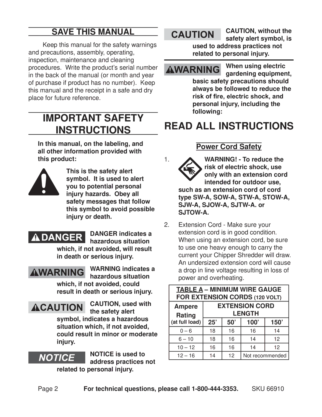 Chicago Electric 66910 operating instructions Save This Manual, Power Cord Safety 