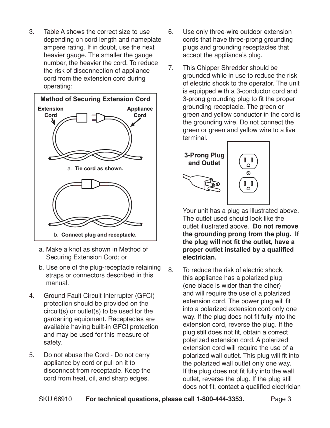 Chicago Electric 66910 Grounding prong from the plug. If, Plug will not fit the outlet, have a, Electrician 